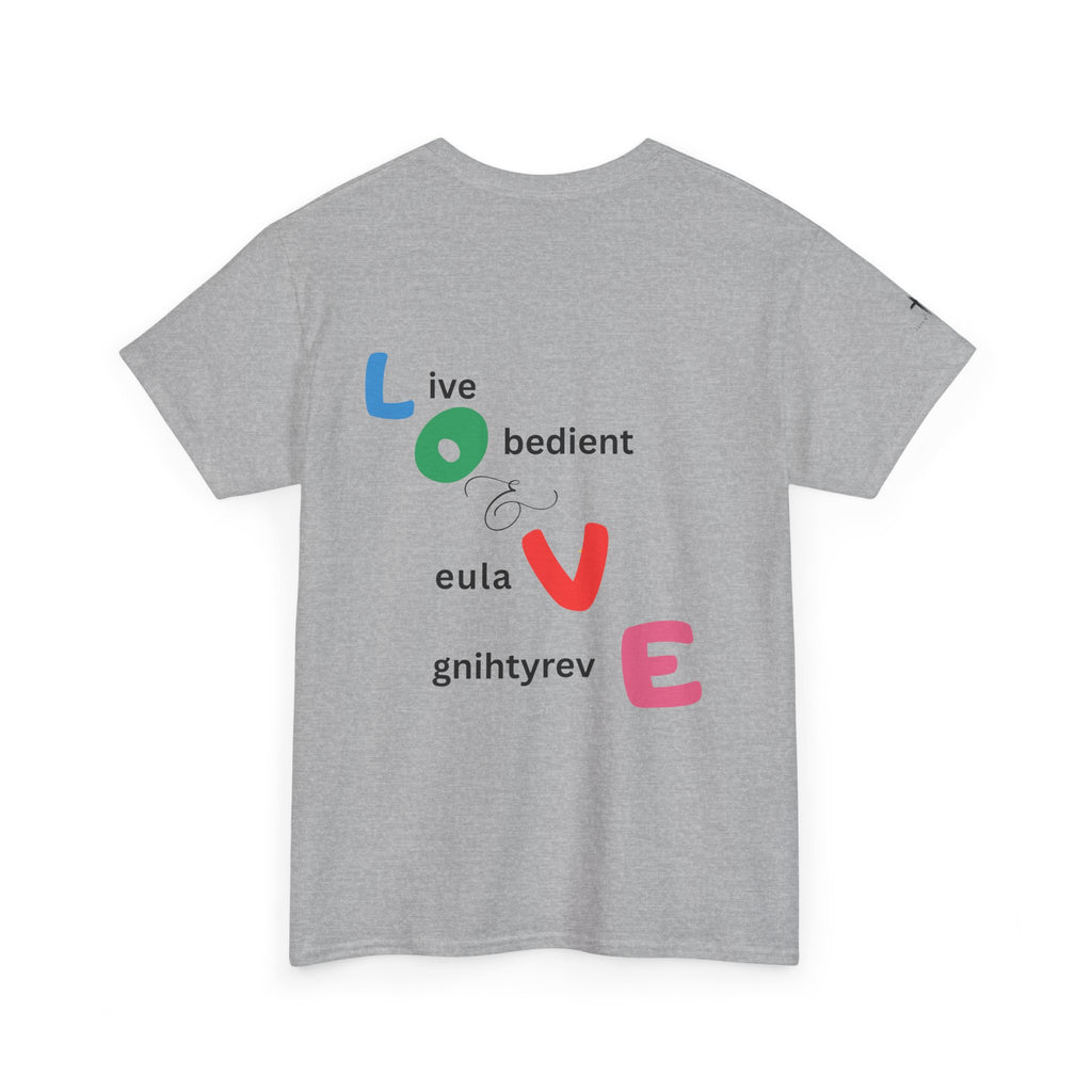 LOVE Colorblock Graphic Tee — Playful Back Typography 'Live Obedient & Value Everything ' Shirt