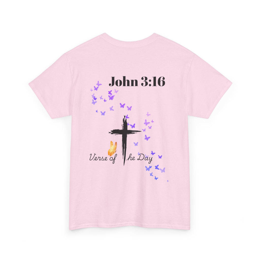 Christian T-Shirt - John 3:16 Cross with Purple Butterflies, Faith Tee