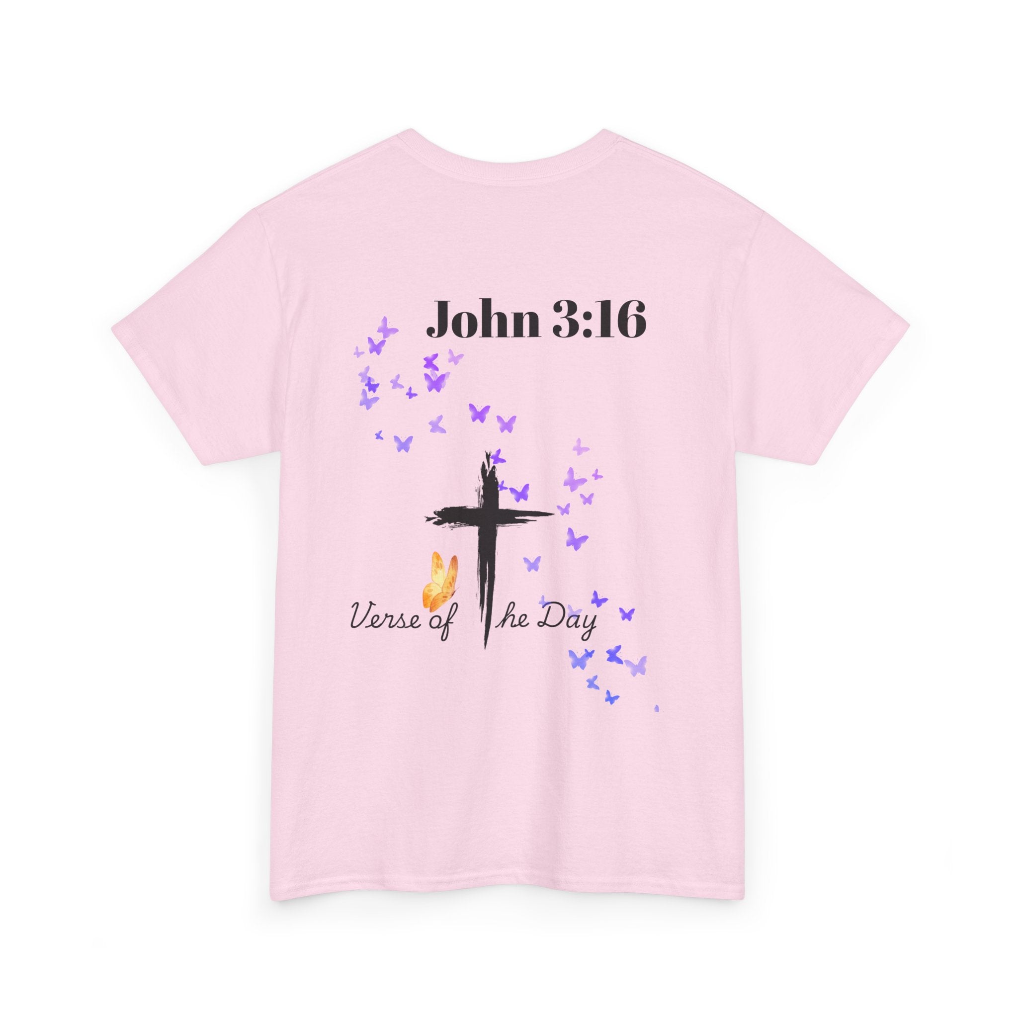 Christian T-Shirt - John 3:16 Cross with Purple Butterflies, Faith Tee