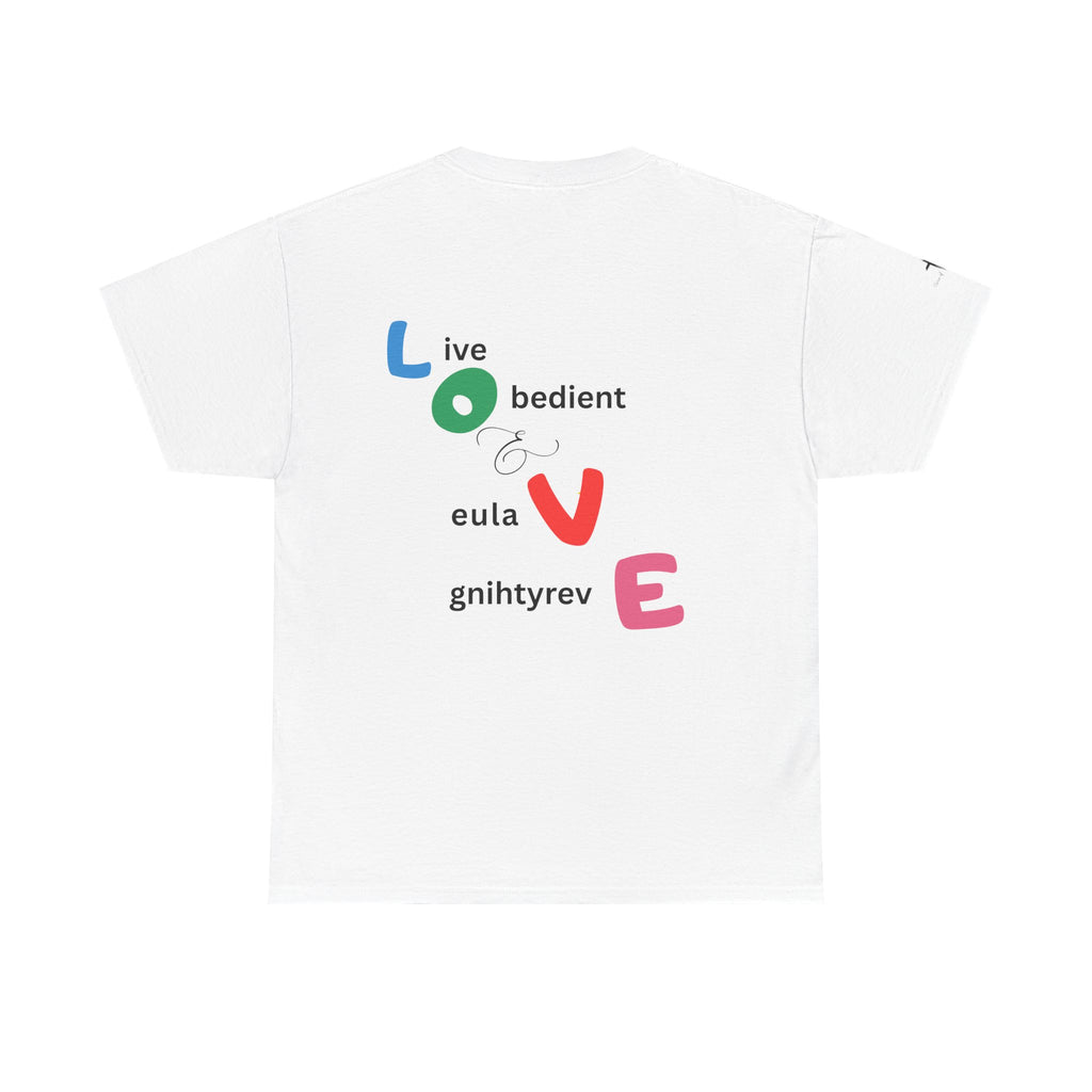 LOVE Colorblock Graphic Tee — Playful Back Typography 'Live Obedient & Value Everything ' Shirt