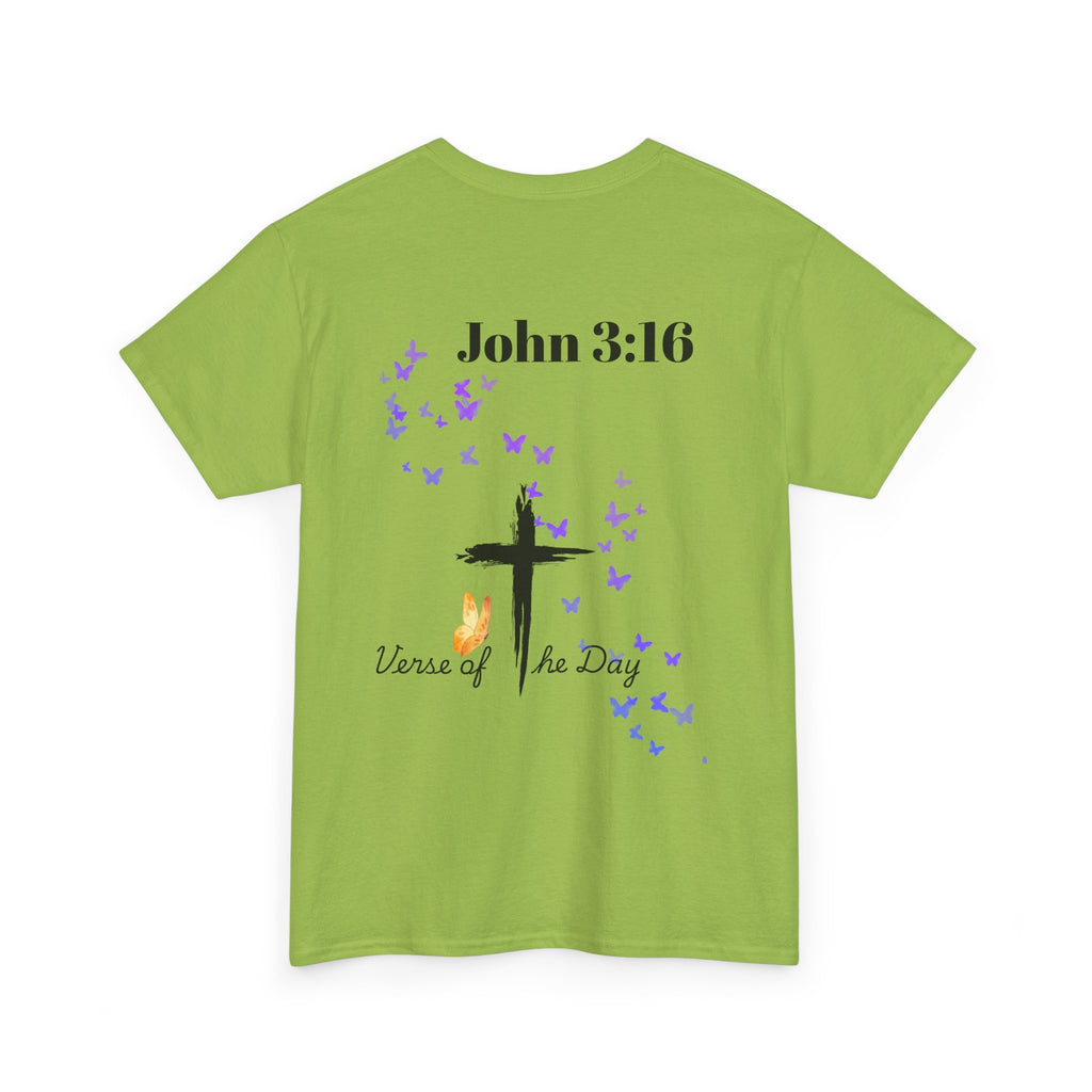 Christian T-Shirt - John 3:16 Cross with Purple Butterflies, Faith Tee