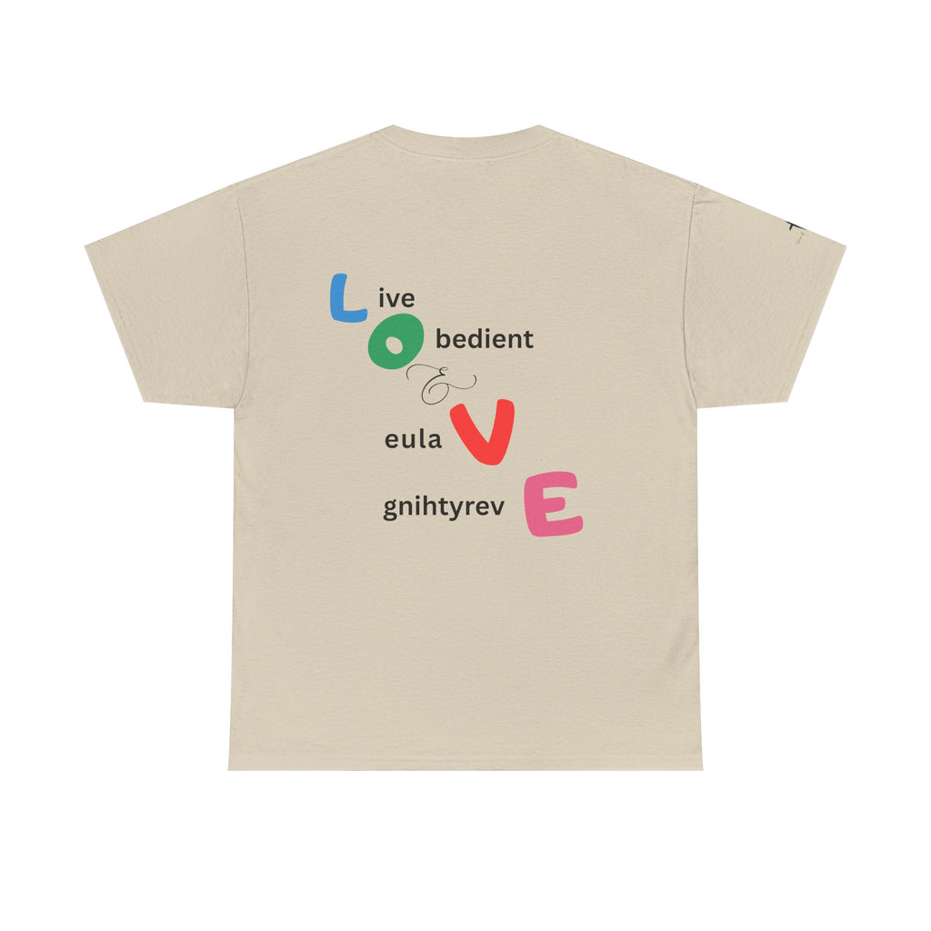 LOVE Colorblock Graphic Tee — Playful Back Typography 'Live Obedient & Value Everything ' Shirt