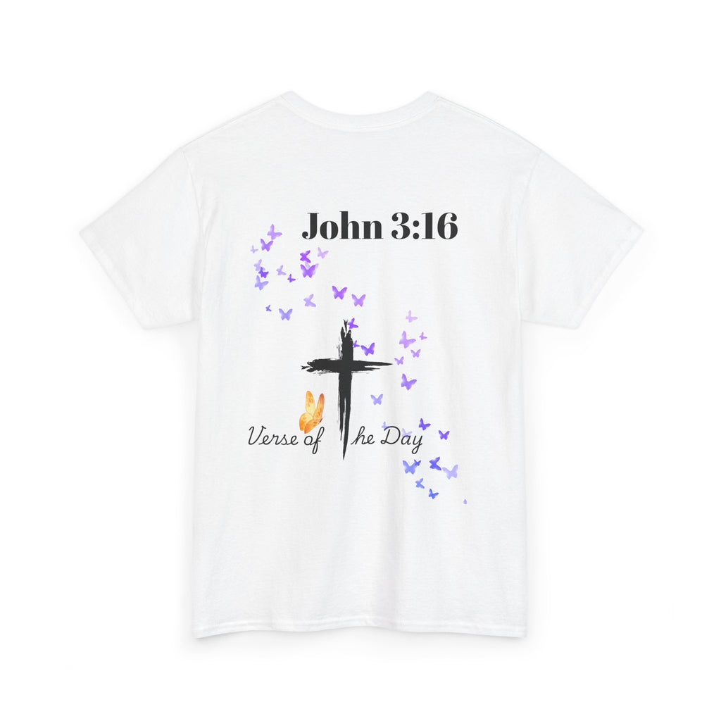 Christian T-Shirt - John 3:16 Cross with Purple Butterflies, Faith Tee