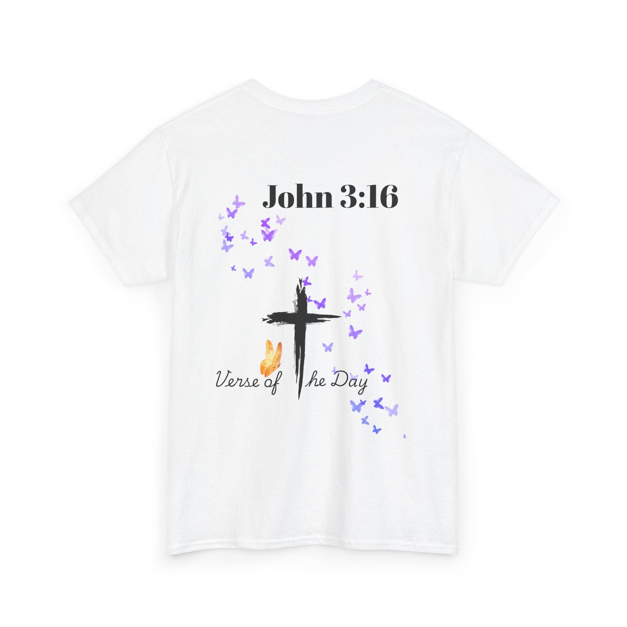 Christian T-Shirt - John 3:16 Cross with Purple Butterflies, Faith Tee