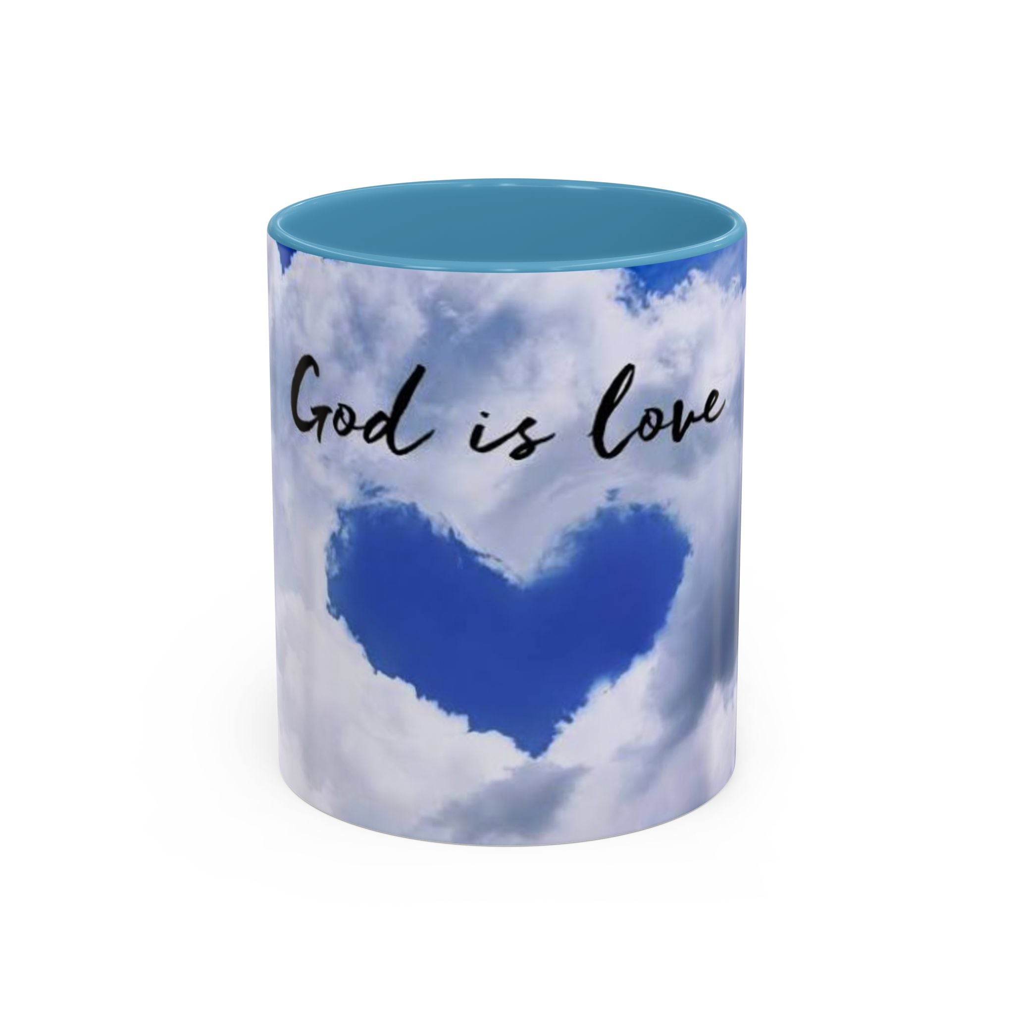 God Is Love Coffee Mug — Blue Heart Cloud Accent Ceramic Mug