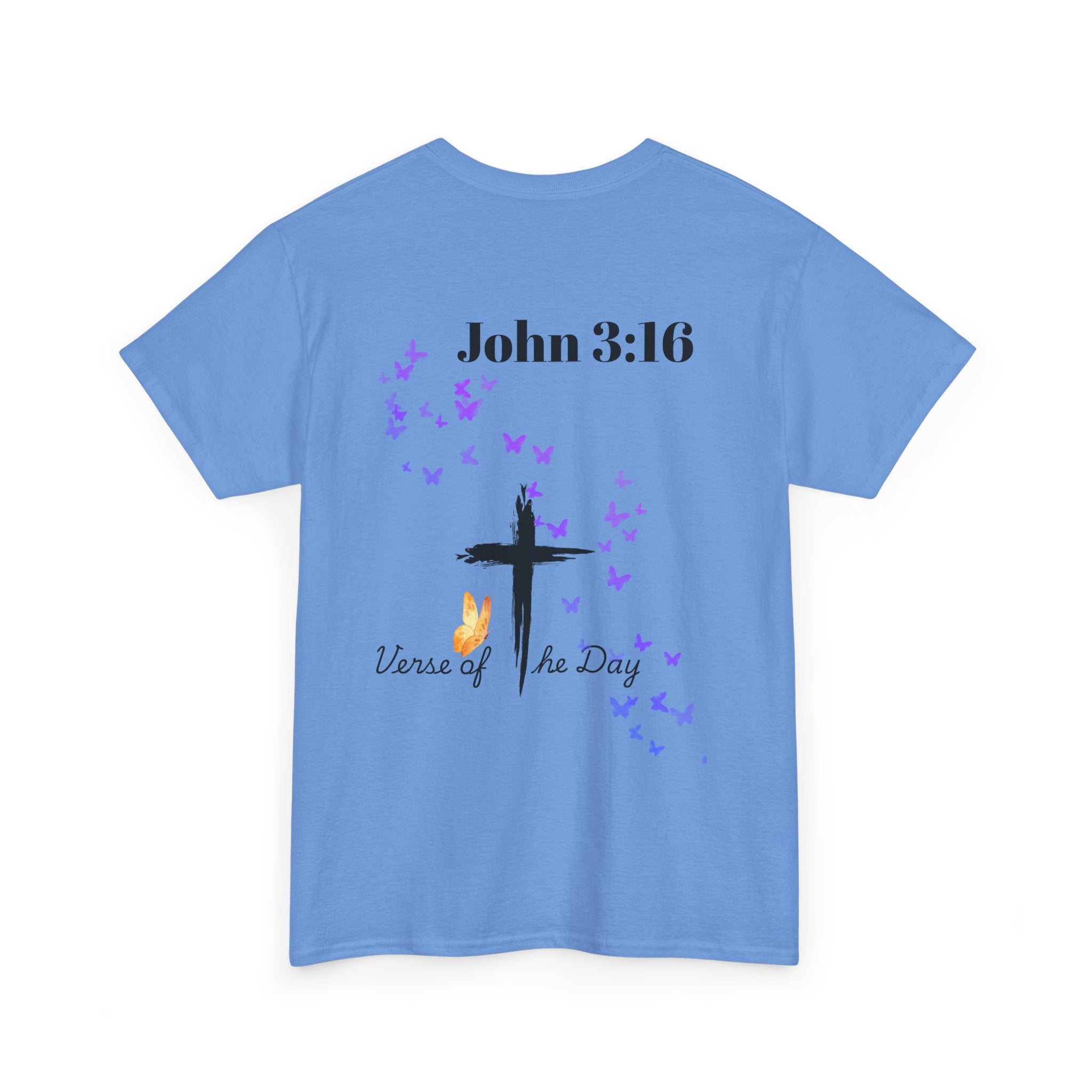 Christian T-Shirt - John 3:16 Cross with Purple Butterflies, Faith Tee