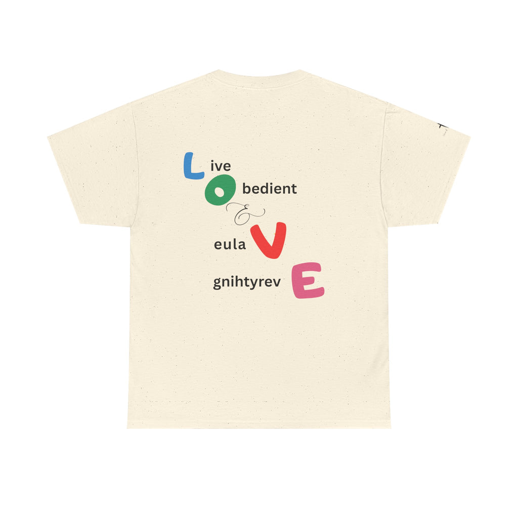 LOVE Colorblock Graphic Tee — Playful Back Typography 'Live Obedient & Value Everything ' Shirt