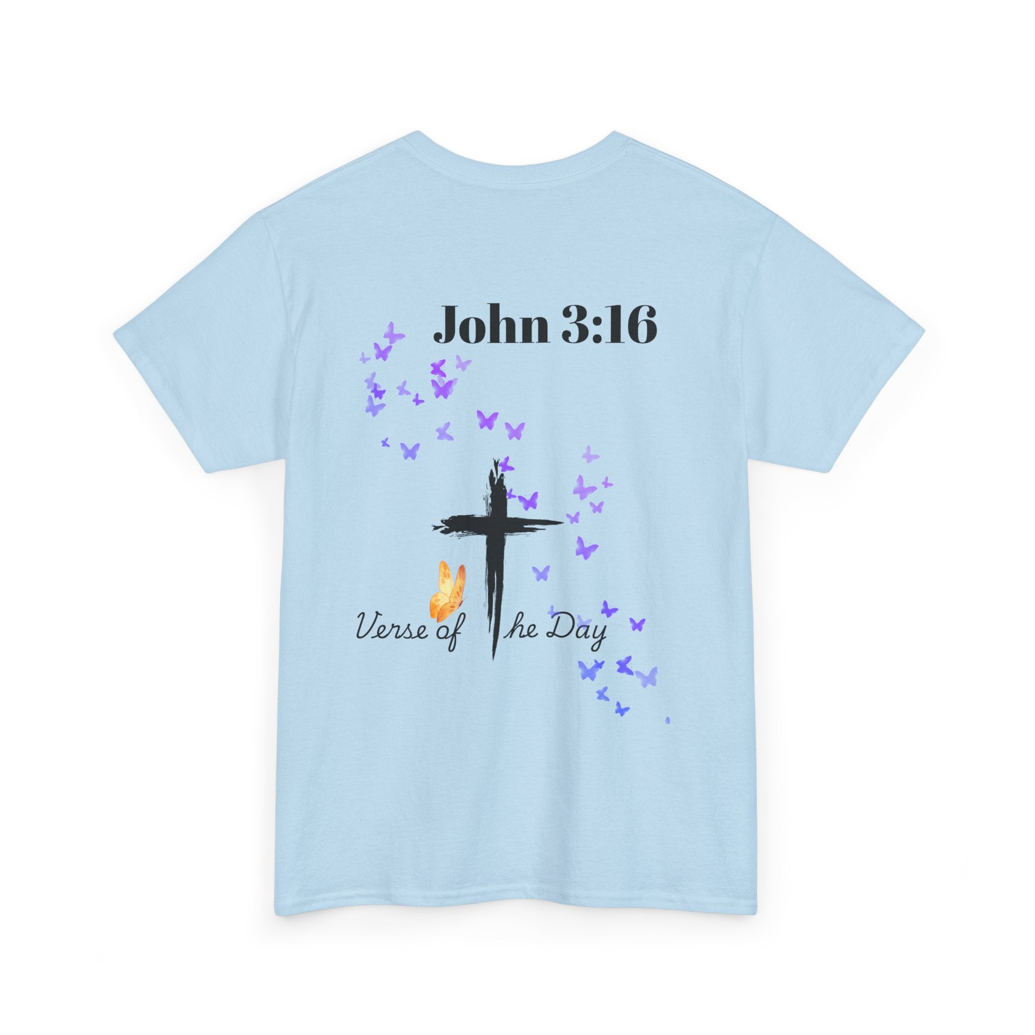 Christian T-Shirt - John 3:16 Cross with Purple Butterflies, Faith Tee