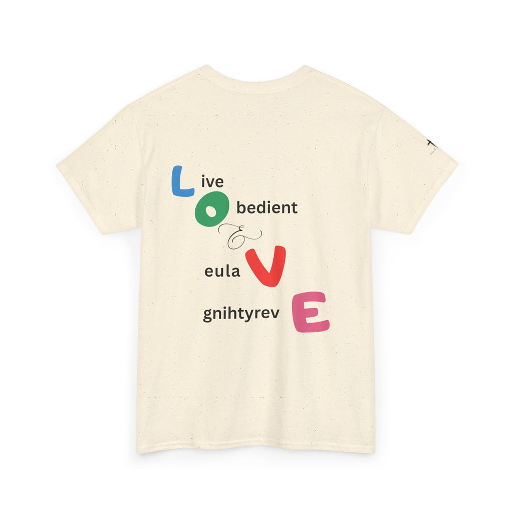 LOVE Colorblock Graphic Tee — Playful Back Typography 'Live Obedient & Value Everything ' Shirt