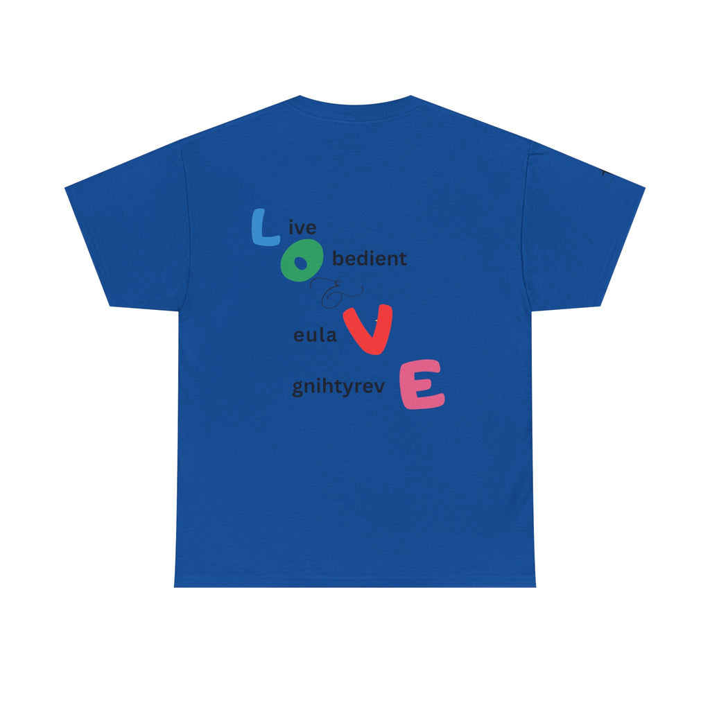 LOVE Colorblock Graphic Tee — Playful Back Typography 'Live Obedient & Value Everything ' Shirt
