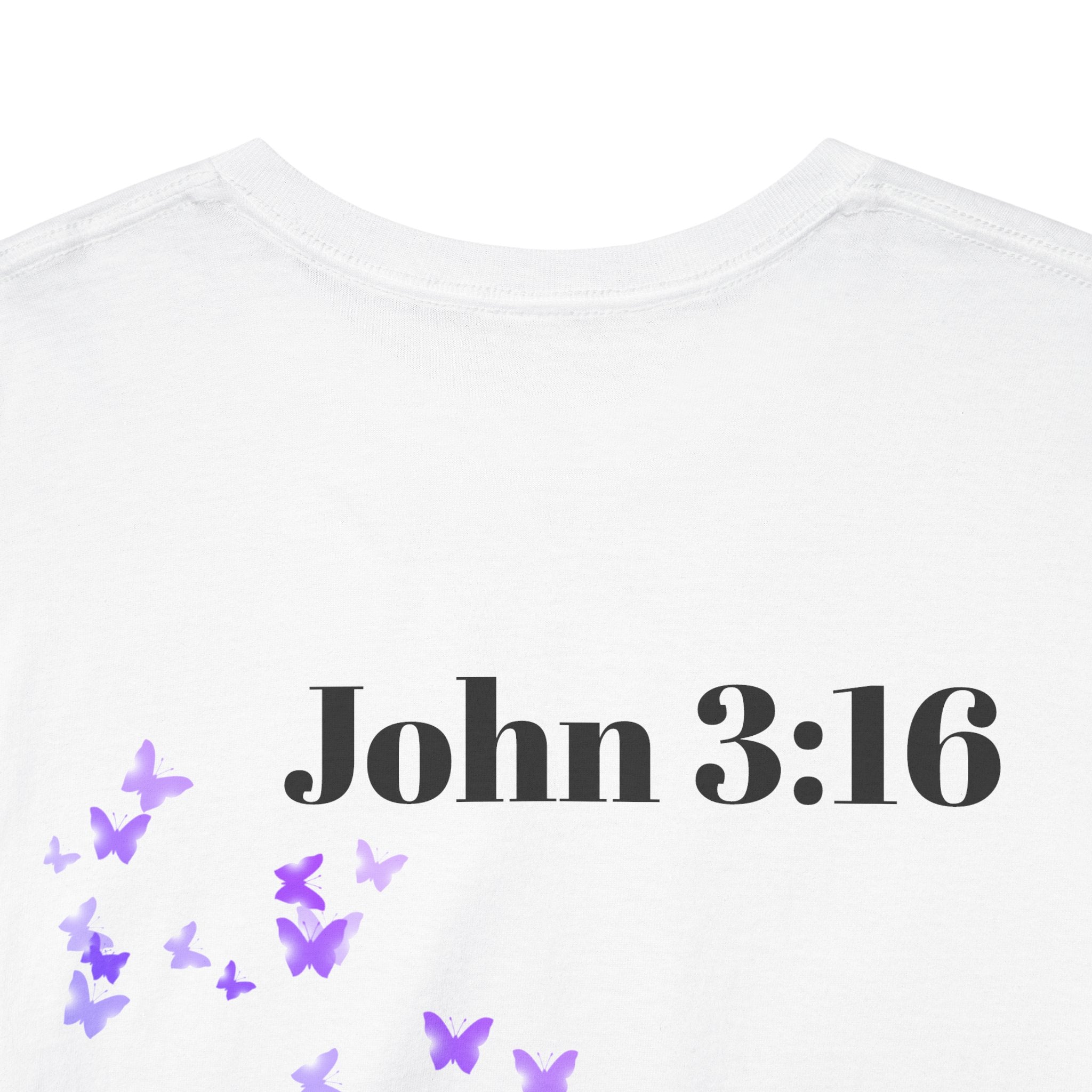 Christian T-Shirt - John 3:16 Cross with Purple Butterflies, Faith Tee