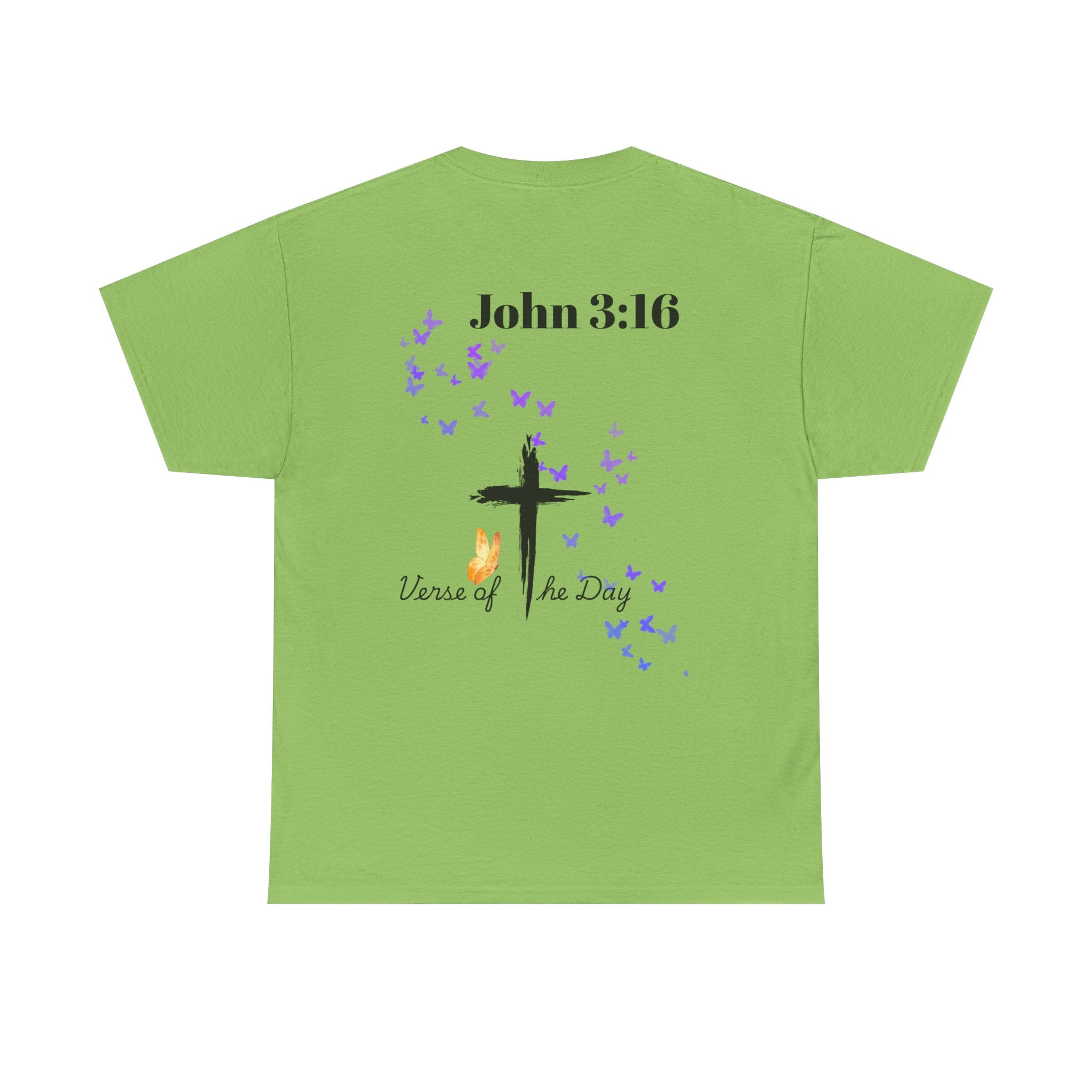 Christian T-Shirt - John 3:16 Cross with Purple Butterflies, Faith Tee