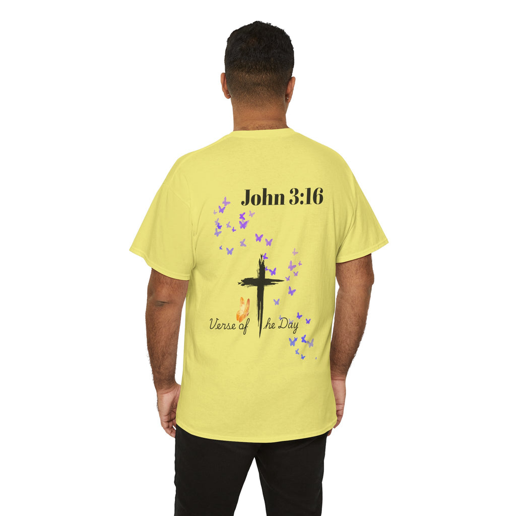 Christian T-Shirt - John 3:16 Cross with Purple Butterflies, Faith Tee