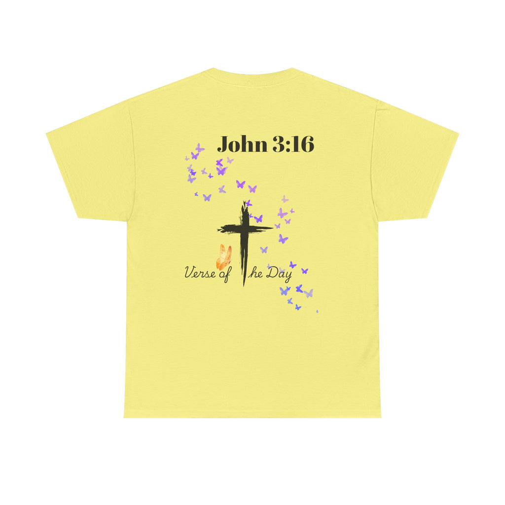 Christian T-Shirt - John 3:16 Cross with Purple Butterflies, Faith Tee