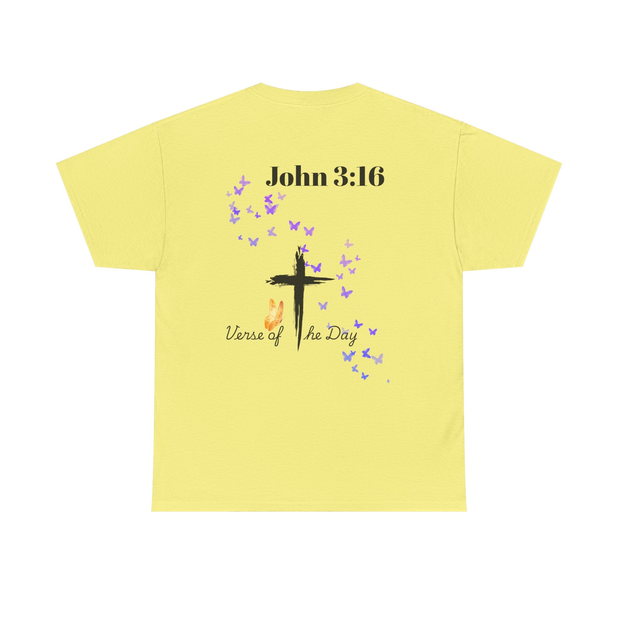 Christian T-Shirt - John 3:16 Cross with Purple Butterflies, Faith Tee