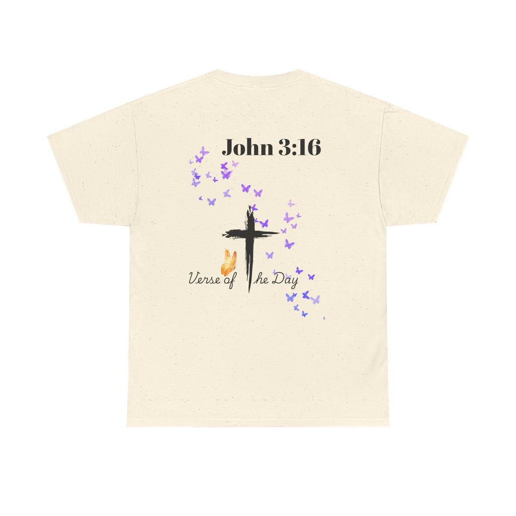 Christian T-Shirt - John 3:16 Cross with Purple Butterflies, Faith Tee