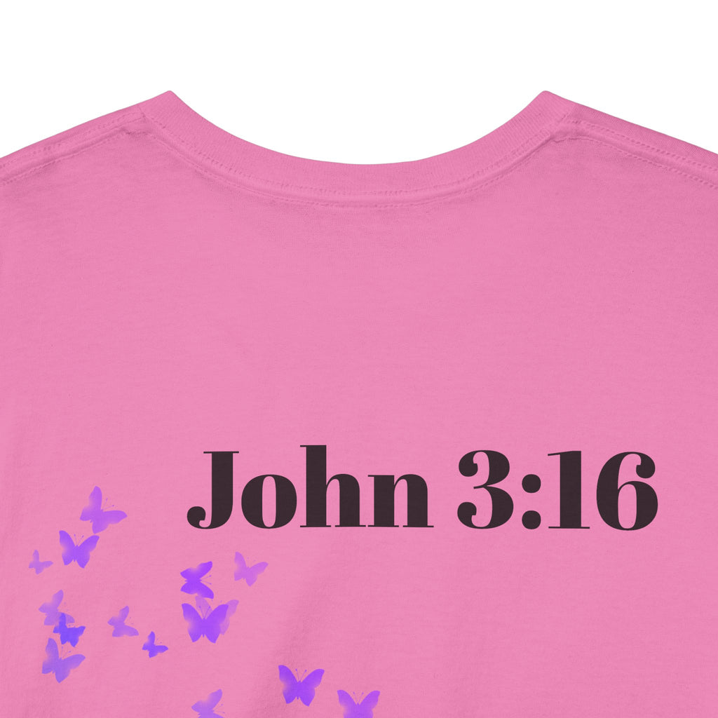 Christian T-Shirt - John 3:16 Cross with Purple Butterflies, Faith Tee