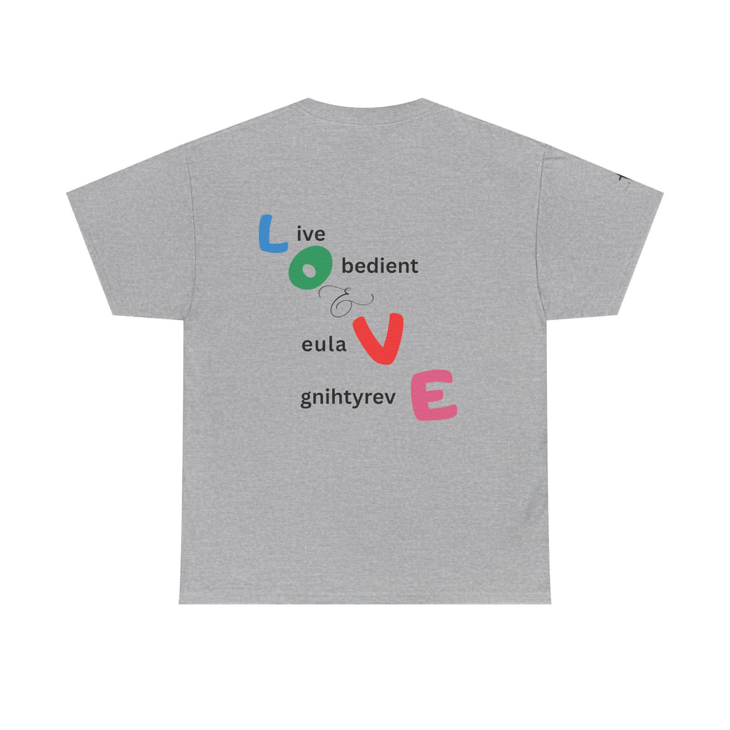 LOVE Colorblock Graphic Tee — Playful Back Typography 'Live Obedient & Value Everything ' Shirt