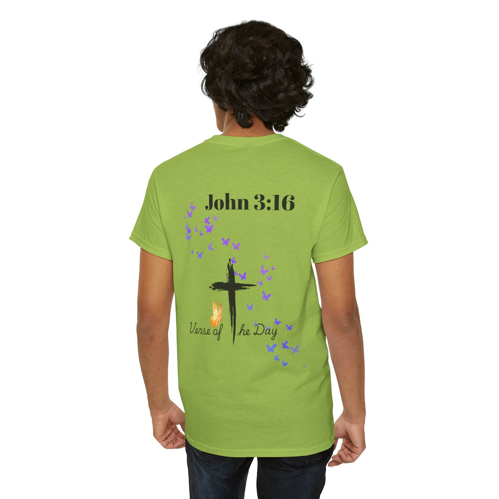 Christian T-Shirt - John 3:16 Cross with Purple Butterflies, Faith Tee
