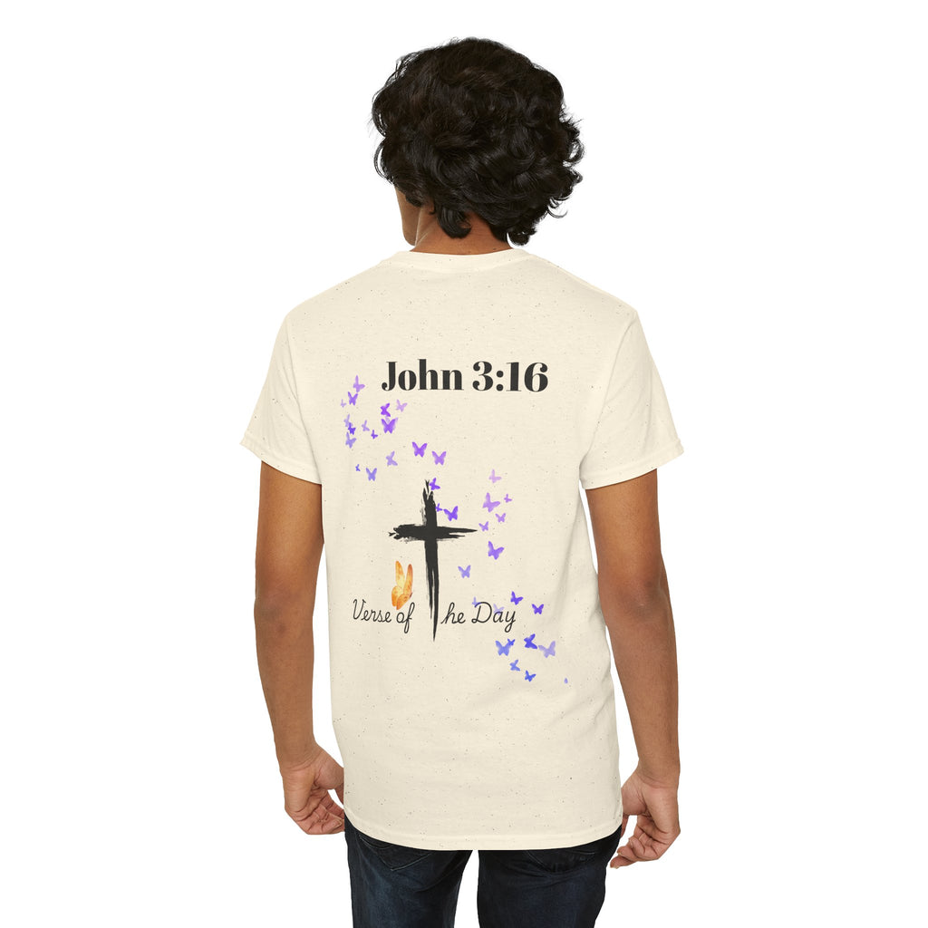 Christian T-Shirt - John 3:16 Cross with Purple Butterflies, Faith Tee