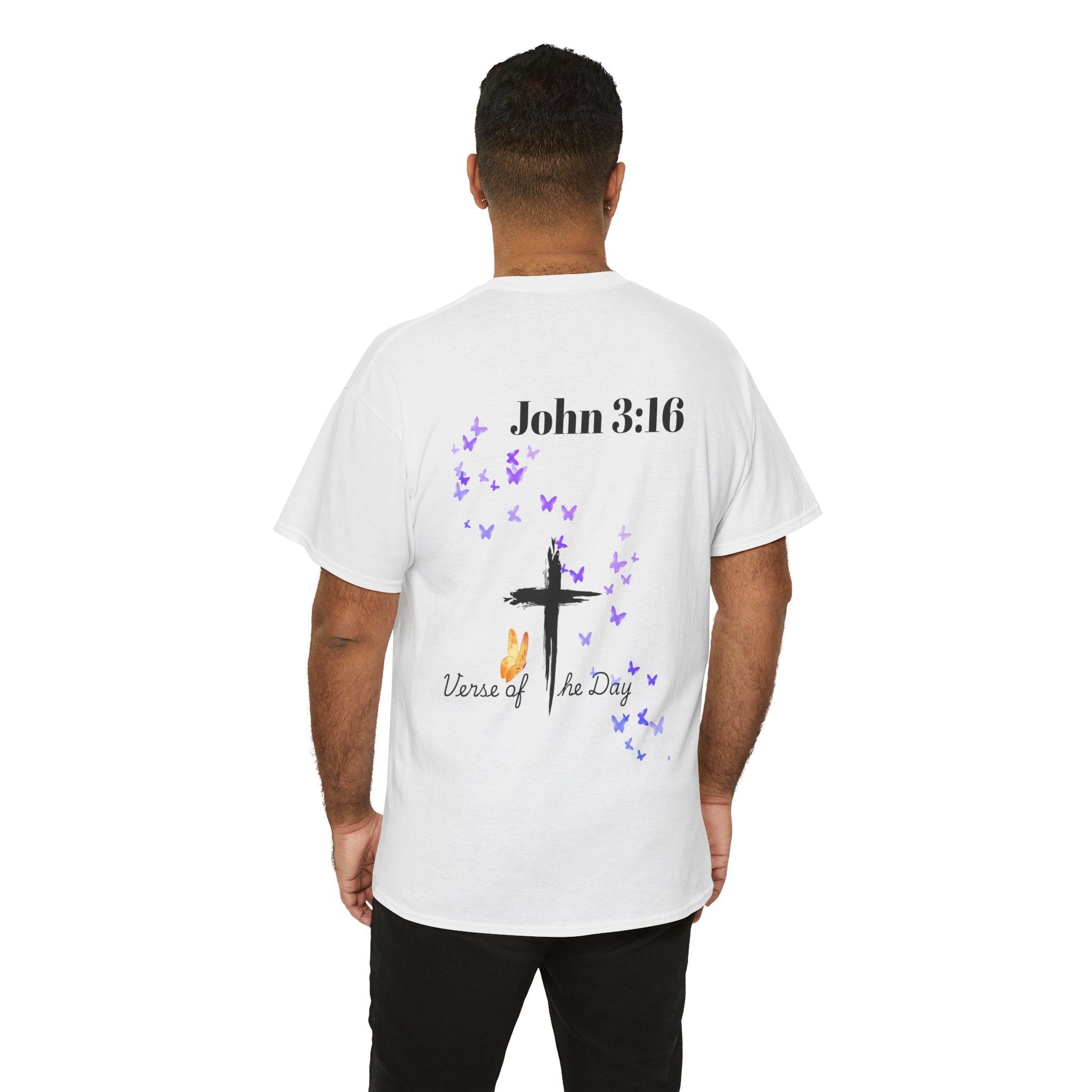 Christian T-Shirt - John 3:16 Cross with Purple Butterflies, Faith Tee