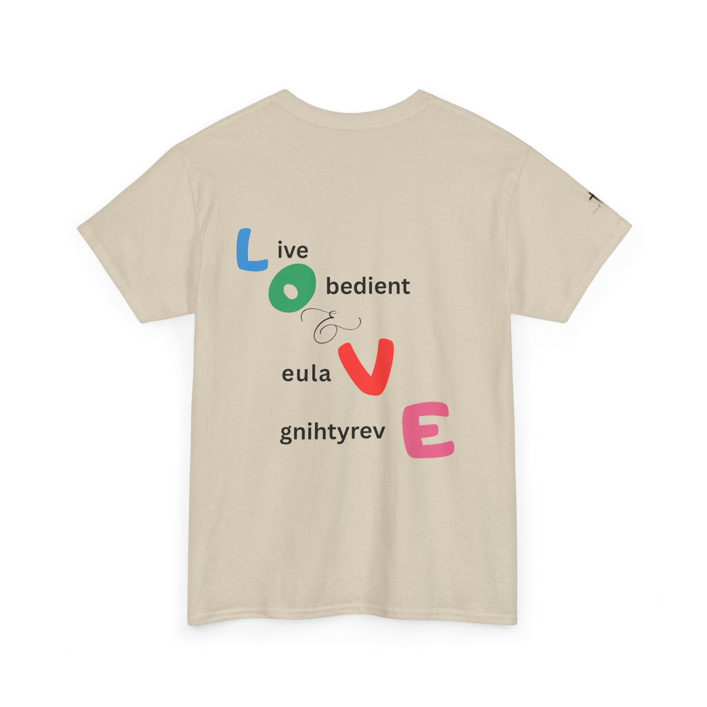 LOVE Colorblock Graphic Tee — Playful Back Typography 'Live Obedient & Value Everything ' Shirt