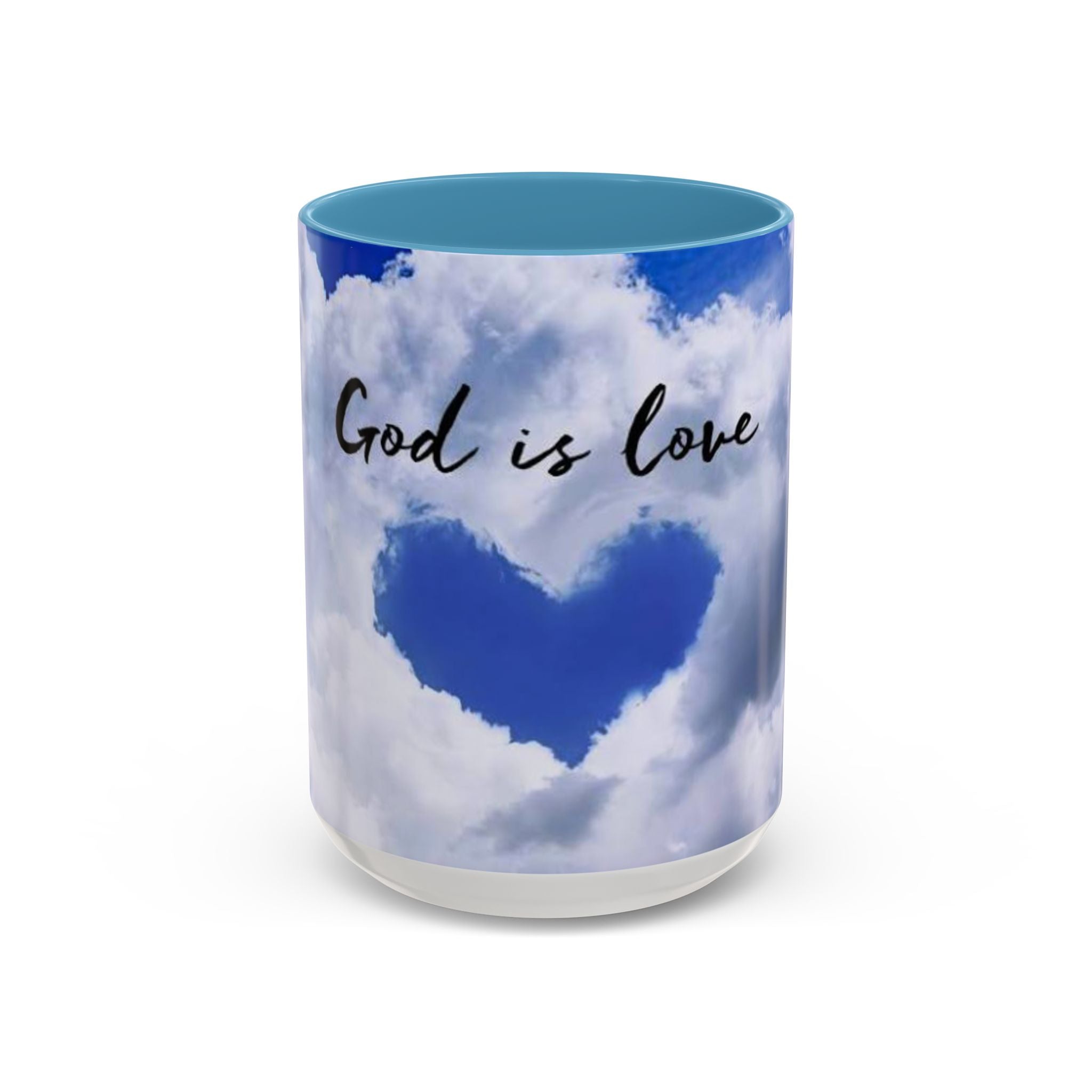 God Is Love Coffee Mug — Blue Heart Cloud Accent Ceramic Mug